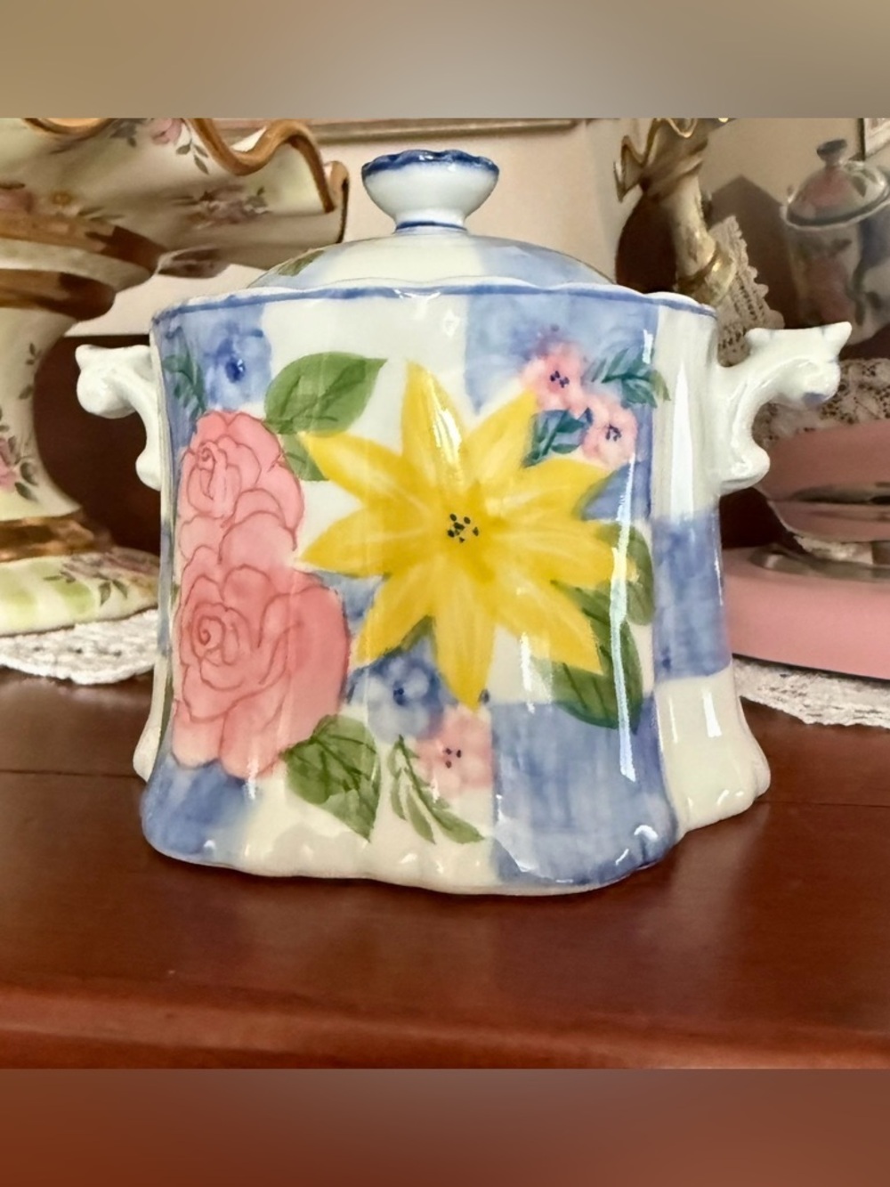 Andrea by Sadek Mid Century Blue Checkered Floral Sugar Bowl